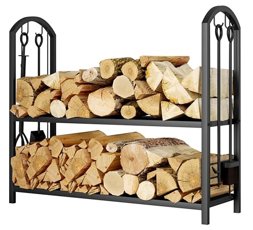 Firewood Log Rack with Fireplace Tools - 31x13x29 Inch Black Wrought Iron