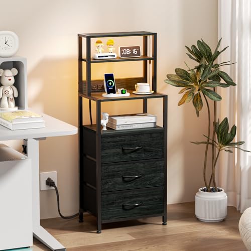 Furnulem 3-Drawer Tall Nightstand with Charging Station - Black Oak