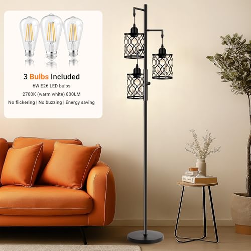 Dimmable Farmhouse Floor Lamp with 3 LED Bulbs - Rustic Industrial Standing Light, Black, 68 Inches