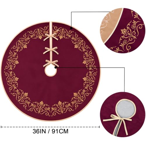 Scritism Burgundy Velvet Christmas Tree Skirt 36 Inch with Gold Embroidery