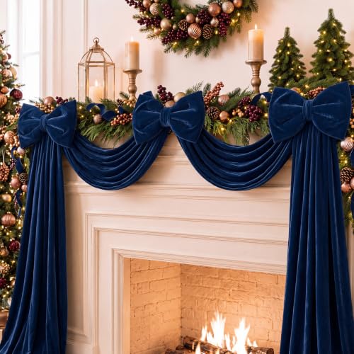 Riceshoot Navy Blue Velvet Bow Garlands - 15.8ft Christmas Mantel Garland with 3 Large Bows
