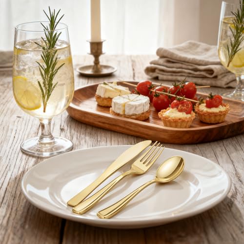 Gold Disposable Cutlery Set - Heavy Duty Plastic Forks Spoons Knives, Modern Variation