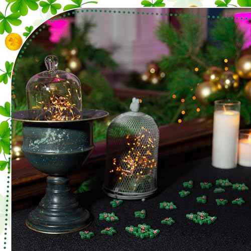 50 Pcs Mini Christmas Decorations Miniature Resin Triple Leaf Holly Berries Ornament Christmas Simulation Holly Berries Leaves DIY Tiny Craft Charms for Xmas Tree Wreath Card Gift Fillers Supplies