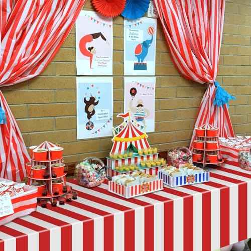 Carnival Theme Party Decorations Tablecloths, Circus Plastic Table Covers Rectangle Disposable Red and White Striped Tablecloth Supplies for Kids Birthday Movie Night Christmas, 87'' x 51'', 2pcs