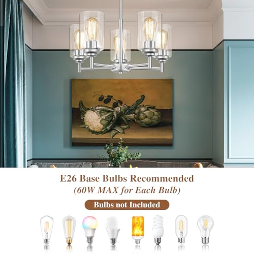 Sucolite 19.8-inch Brushed Nickel 5-Light Chandelier for Dining Room - Modern Farmhouse Pendant Lighting