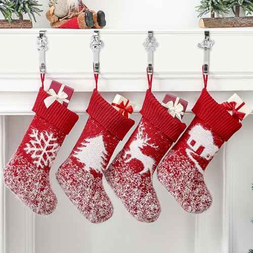 Christmas Stocking Holders, 4 Pack Xmas Stocking Holders Hangers for Mantel Fireplace Metal Stocking Hooks Stand for Christmas Party Decoration, Silver