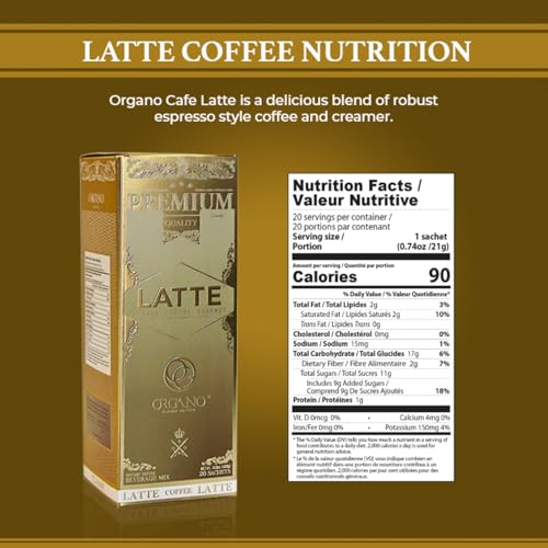 Gourmet Cafe Latte with Organic Ganoderma Lucidum - 20 Sachets, Instant Coffee & Creamer, Hot or Cold Brew