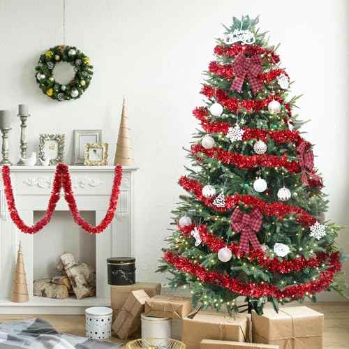 33Ft Red Christmas Tinsel Garland,Shiny Metallic Tinsel Twist Hanging Garland for Xmas Tree Wedding Home and Party Decoration