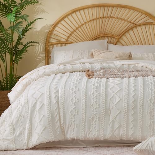 BEDELITE King Comforter Set 7 Pieces - Boho Cream White Bed in a Bag, King Size 102x90"