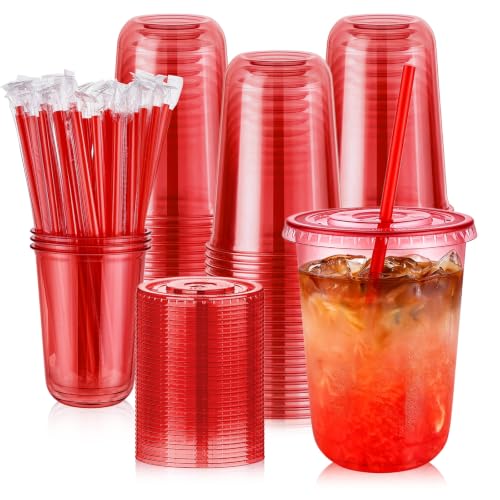 Red 16oz Cups with Lids & Straws - 100 Pack, 100 Lids & 100 Straws - BPA-Free PET