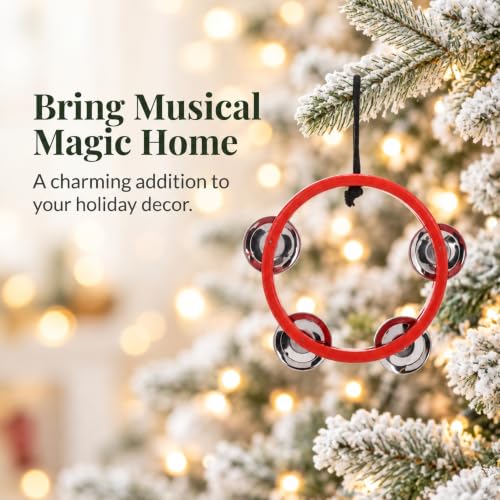 Red Wood and Brass Tambourine Ornament - Christmas Music Decor