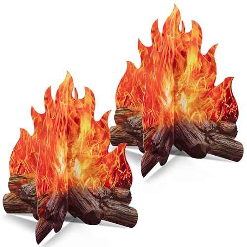 Novelty Place 2 Set Fake Fire Cardboard Decoration 12 X 10.5 Inch - 3D Paper Flame Campfire Centerpieces, Realistic Fire Props for Camping, Christmas, Birthday, and Party Table Decorations
