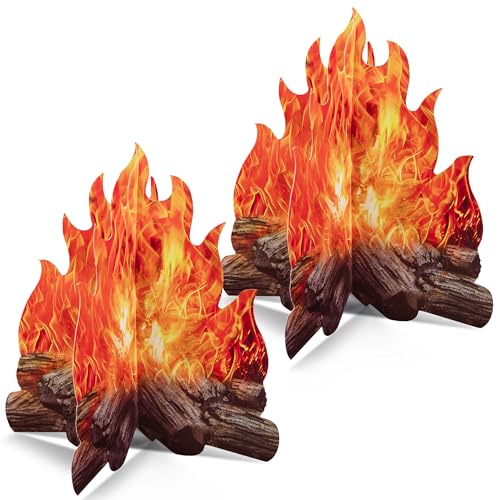 Novelty Place 2 Set Fake Fire Cardboard Decoration 12 X 10.5 Inch - 3D Paper Flame Campfire Centerpieces, Realistic Fire Props for Camping, Christmas, Birthday, and Party Table Decorations
