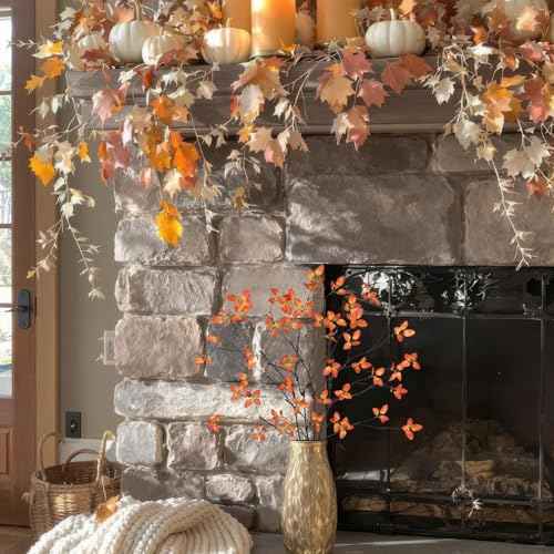 4 Pcs Artificial Greenery Stems with Orange Leaves Faux Fall Branches for Vases 32.7" Fake Ficus Twigs and Branches for Vase Filler Home Party Wedding Garden Office Shop Autumn Decorations