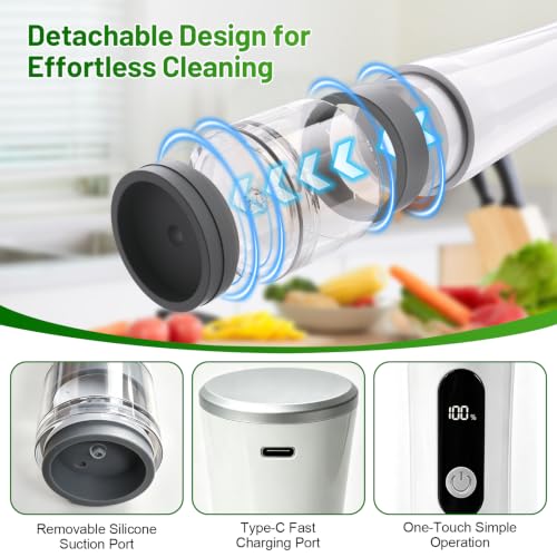 White Handheld Vacuum Sealer for Food Preservation, 65kPa Suction, Reusable Bags