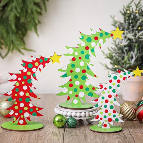 3 Pcs Lime Green Wooden Christmas Tree Tabletop Decorations Bendable Christmas Centerpieces for Table Polka Dot Freestanding Xmas Tree Table Sign Rustic Home Tiered Tray Decor for Holiday Party Decor