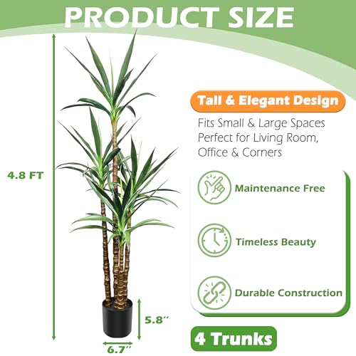 Artificial Agave Tree 4.8Ft with 4 Stems and Plastic Pot - Tall Faux Plant for Home & Office Decor - Variation: 4ft 10in