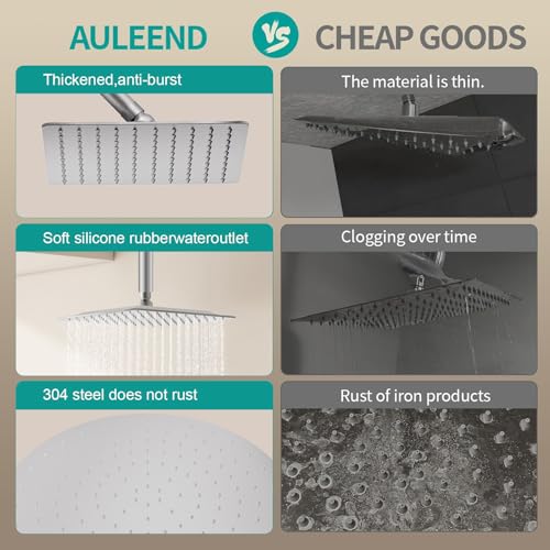 AULEEND 12-Inch Brushed Nickel Rain Shower Head - High Flow All Metal Square Design