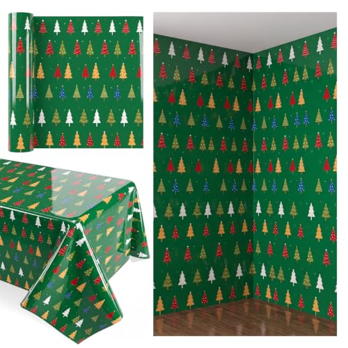 Tegeme 100 ft x 54 in Christmas Tablecloth Roll with Xmas Tree Pattern (Xmas Tree / 14 x 3.2 in) - Disposable PE Party Cover