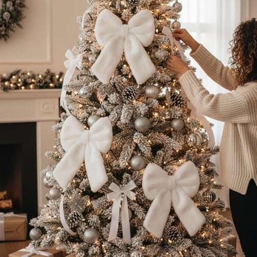 Janinka 6Pcs Large White Faux Fur Christmas Bow Ornaments 13.4 x 9.1 in - White/Plain