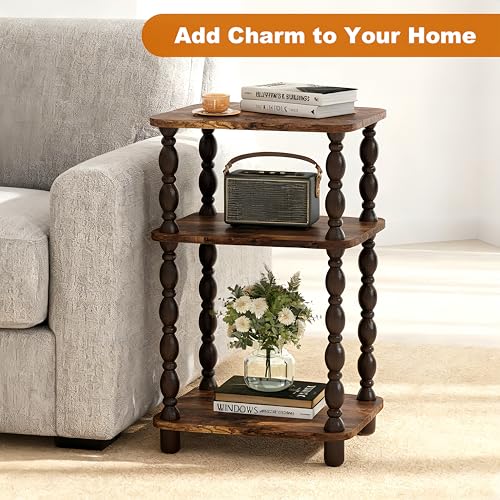 Retro End Table with 3 Tiers - Rustic Brown Narrow Side Table for Small Spaces - Farmhouse & Modern Accent Nightstand - Fxacyem Variation of Standard