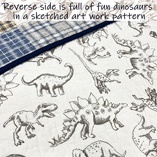 Queen Dinosaur Plaid Cotton Reversible Bedding Quilt Set for Kids Boy - Cozy Line Home Fashions