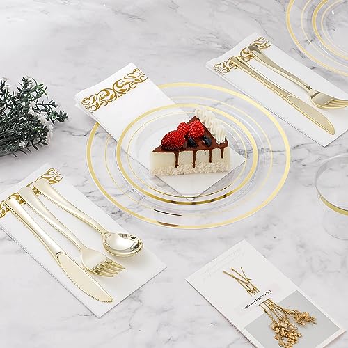 Clear Gold Disposable Dinnerware Set for 100 Guests - 700 Pieces