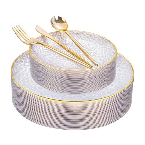 Plastic Dinnerware Set 150Pcs Clear Gold Rim Heavy Duty with Gold Rim - Variation of 150 / Clear Gold