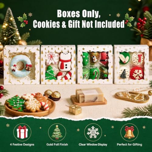 5x5x2 Inch Christmas Treat Boxes 12 Pack with Window – White Cardboard, Food Grade, NEKSUNBAK