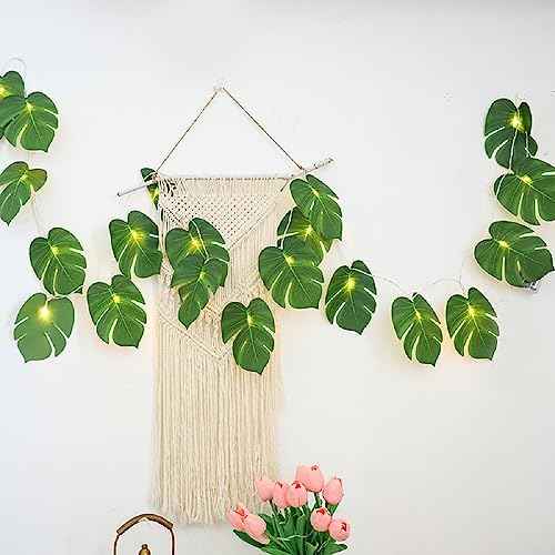 20 LED Palm Leaves String Lights, Tropical Artificial Monstera Leaf Wall Hanging Vine Leaf for Hawaiian Luau Party Jungle Theme Beach Birthday Home Decorations (A Monstera Leaf String Lights 1 Pcs)