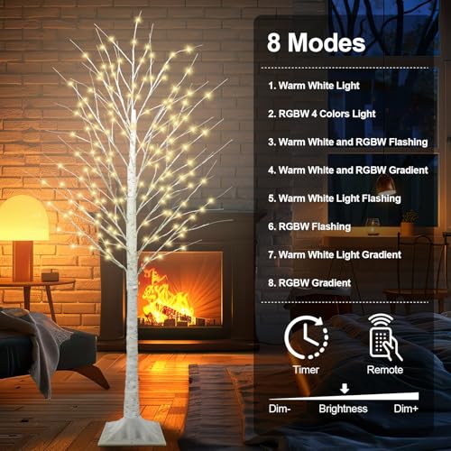 7FT Lighted Birch Tree with 170 LED Warm White and Multicolor Lights,