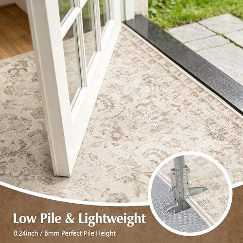 Beauoop 8x10 Beige Vintage Oriental Area Rug for Bedroom - Washable, Low Pile, Non Slip