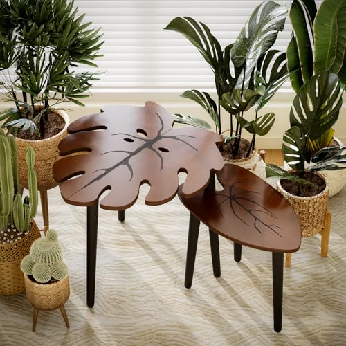BAMEOS Monstera Leaf Nesting Tables Set of 2, Small Side f with Vein