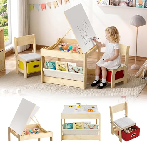 Kids Wooden Activity Table and 2 Chairs Set - Adjustable Doodle Surface, Storage, Safety Hinges, Burlywood, Red/Yellow