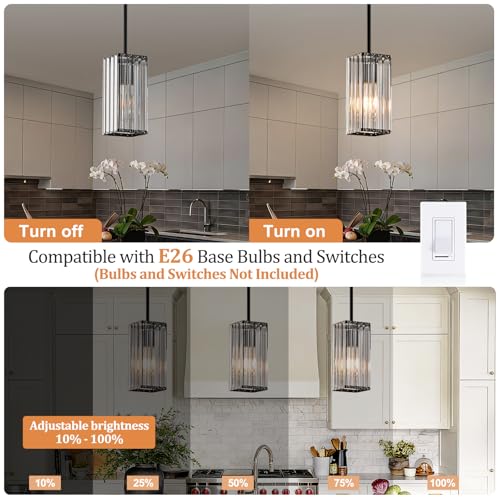 Black 3-Pack Crystal Pendant Lights for Kitchen Island Dining Room Adjustable Hanging Fixture