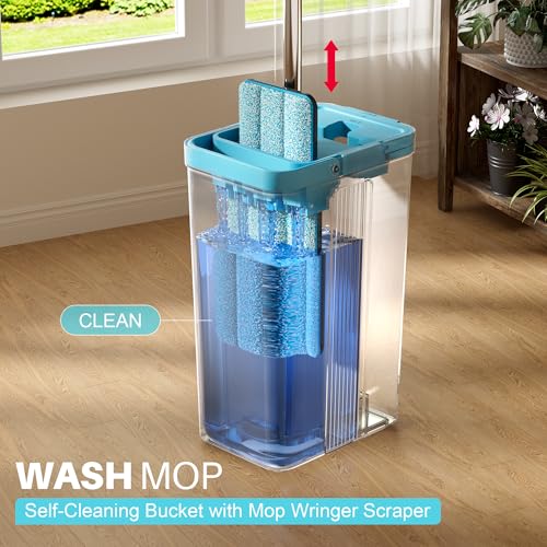 JOYMOOP Mop and Bucket Set with 60-Inch Extensible Handle and 4 Microfiber Pads - Grey & Cyan Blue