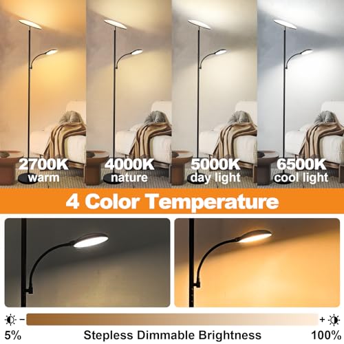 Black 44W LED Floor Lamp with Remote, Dimmable & Bendable Reading Light