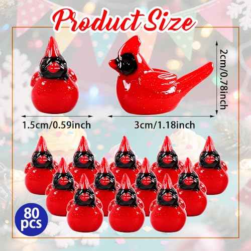80Pcs Mini Resin Red Cardinal Bird Figurines Tiny Cardinal Figurine Christmas Ornaments for Gift Xmas Miniature Garden Crafts Cake Topper Home Decor Tree Ornaments