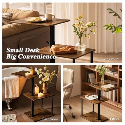 Faesun Adjustable 360° Swivel C-Shaped Side Table with Storage - Rustic Brown, Standard / Rich Edition