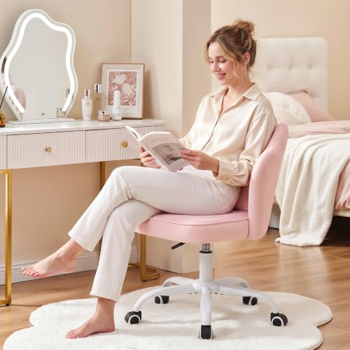 Pink Velvet Vanity Chair with Wheels - Swivel Makeup Desk Chair, Adjustable Height