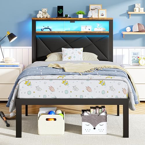 Black Twin Size Bed Frame with RGB LED Lights, 2-Tier Shelf & Charging Station