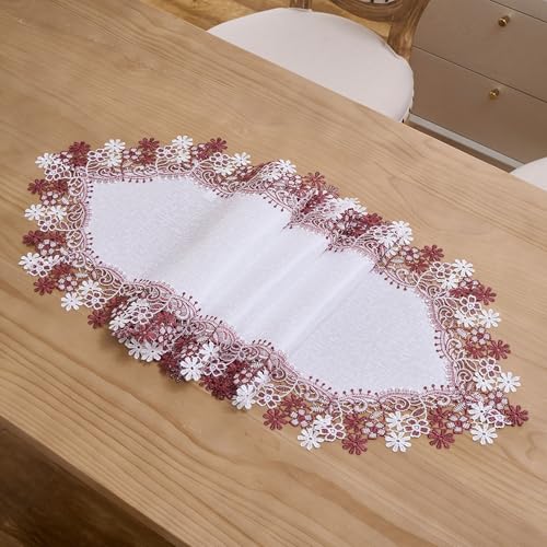 White Dark Red Floral Lace Table Runner Dresser Scarf (16” x72”)