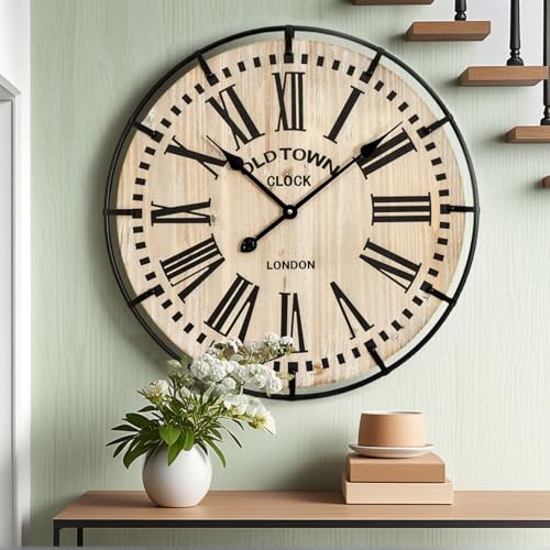 Large Rustic Farmhouse Wall Clock 24 Inch with Silent Movement - Brown / Black Numerals