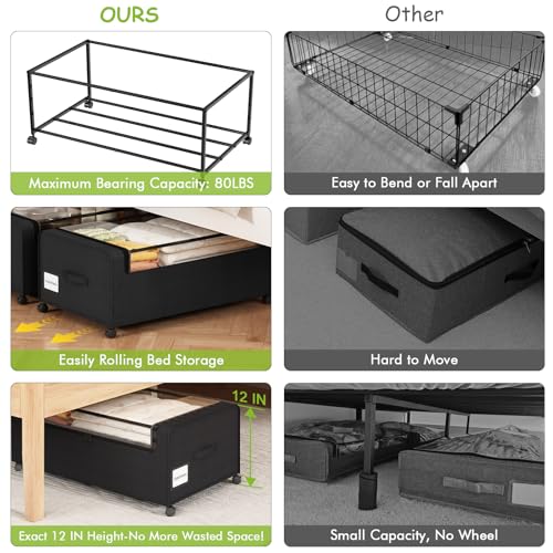 Webetop Under Bed Storage Containers with Wheels - 12 Inch Black Bin - Locking Casters & Clear Lid, 2-Pack