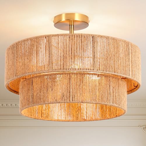 18-Inch Boho Rattan Semi-Flush Mount Ceiling Light Fixture - Handwoven Rustic Style