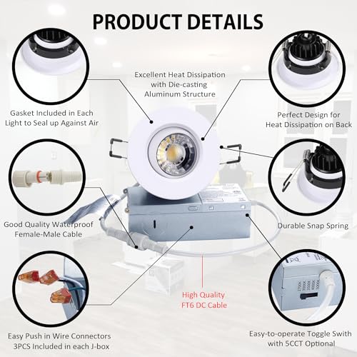 3 Inch Gimbal LED Recessed Lights - Adjustable Downlight, White, 6 Pack