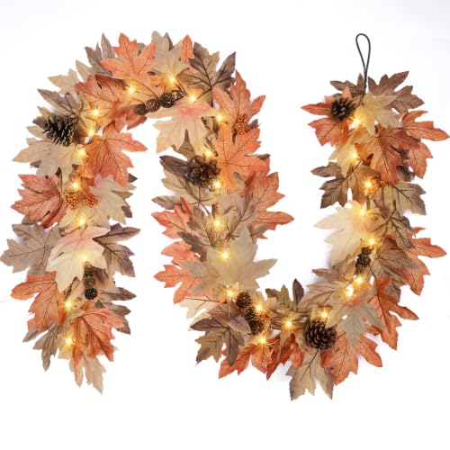 Fall Garland with Lights & Timer - 6 Ft Autumn Decor, 2 Pack