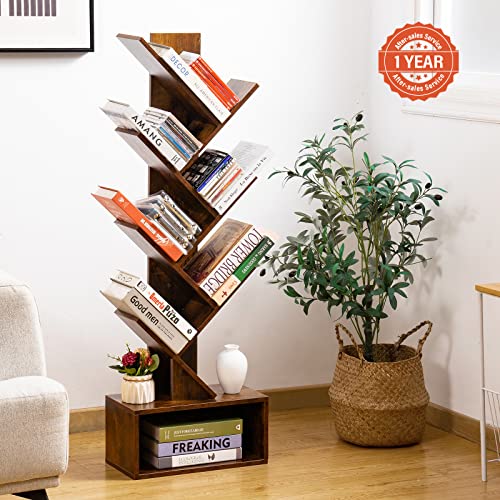 Yoobure Rustic Brown 6 Shelf Tree Bookshelf - Tall Wooden Book Storage Rack