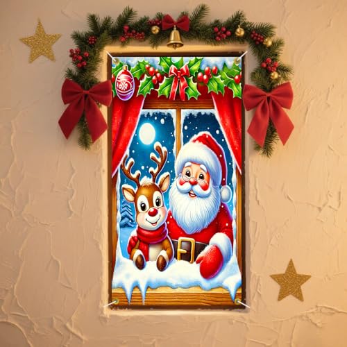 Cmialusie Colorful Santa and Reindeer Window Banner Christmas Decor 31.5x47.2in