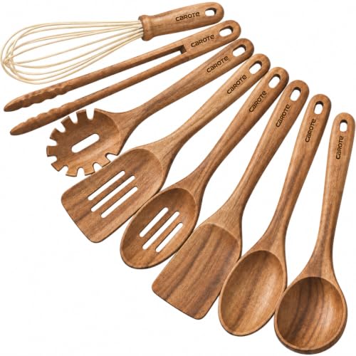 CAROTE Wooden Utensil Set - 8-Piece Acacia Kitchen Cooking Utensils, Natural